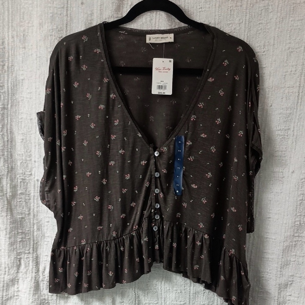 NWT Lucky Brand Black peplum babydoll Floral Crop peasant boho Top XL